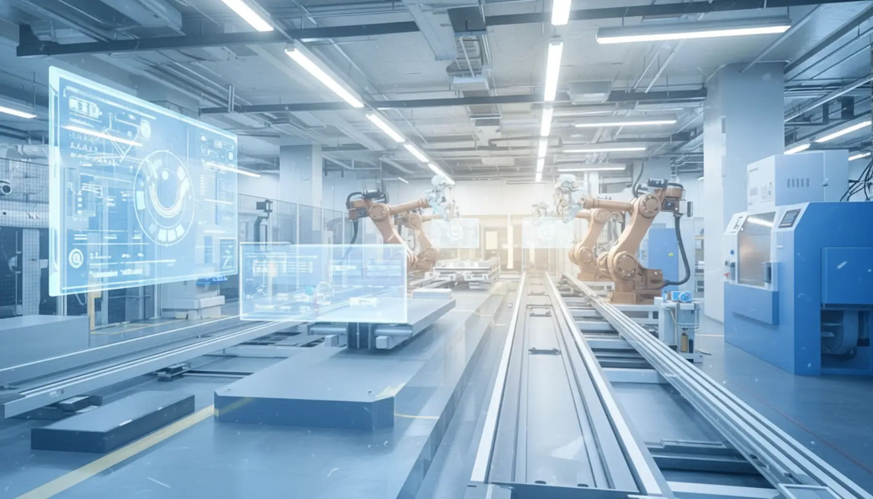 Automatisierte Fertigungslinie mit Roboterarmen und digitalen Interface‑Screens, die automatisierte OT‑Disaster‑Recovery‑ und Backup‑Softwareprozesse darstellen.